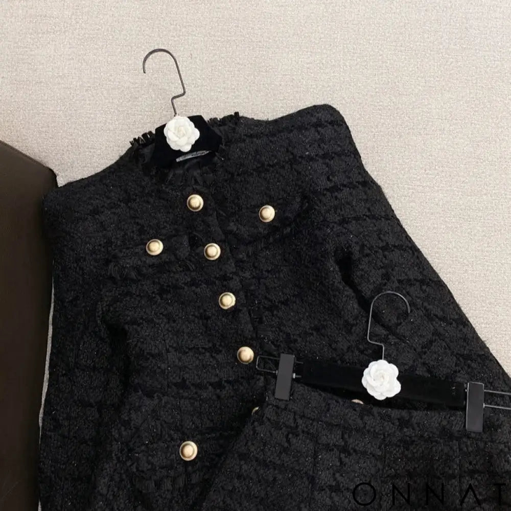 2-Piece Gold Button Tweed Jacket & Skirt Set