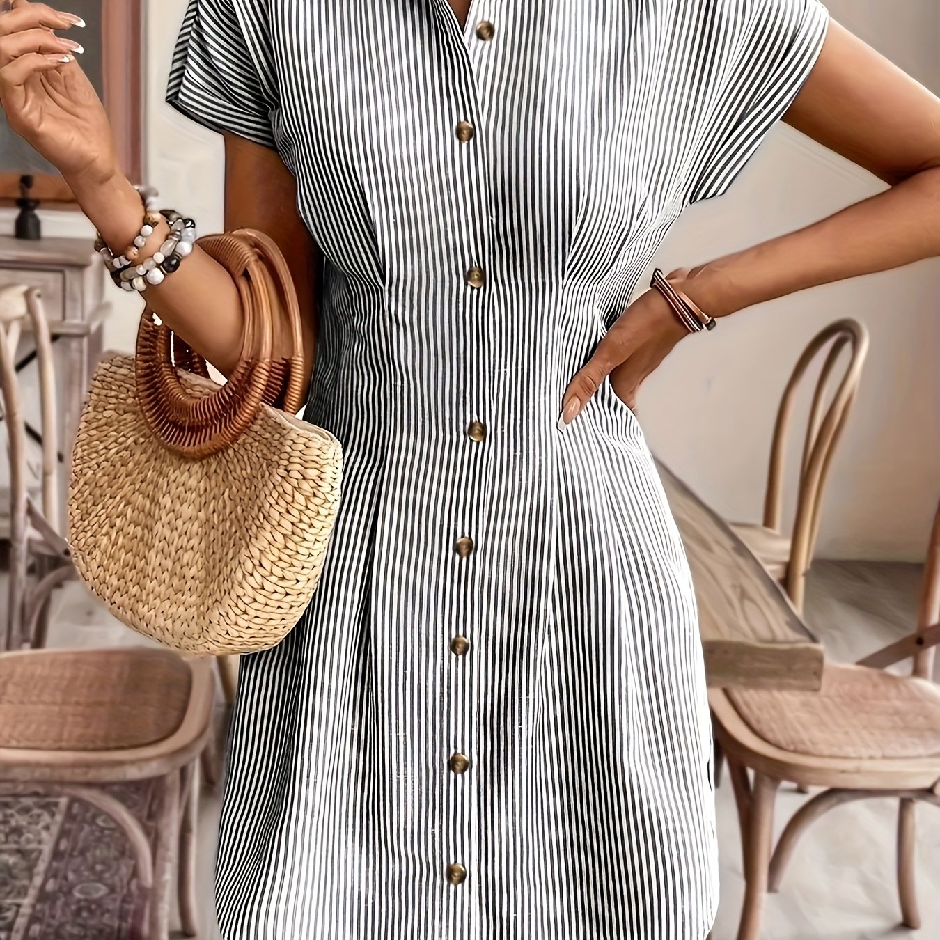 ✨ Elara Stripes – Vestido Camisa Elegante