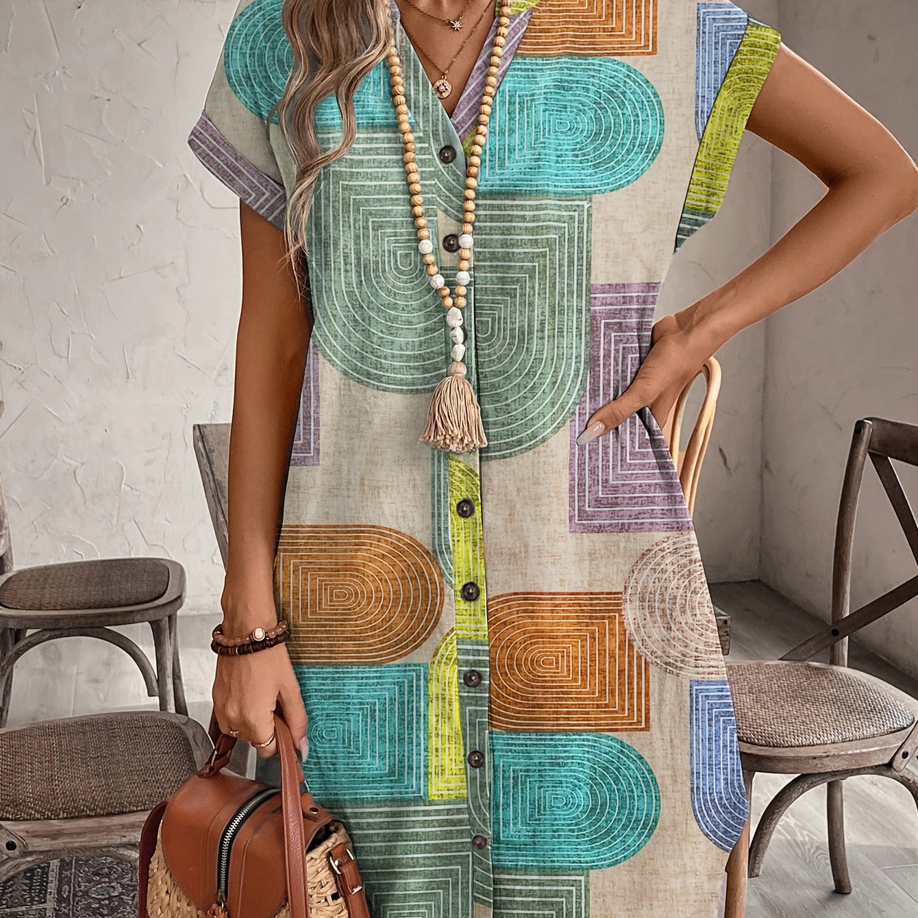 Vestido Geométrico V-Neck