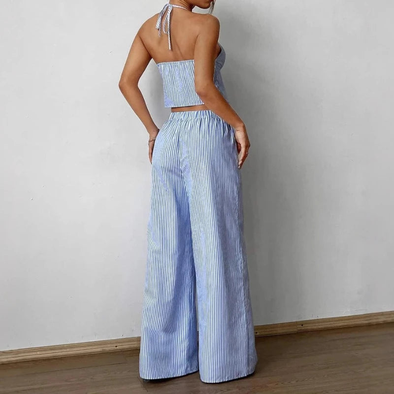 Conjunto Elegance Stripe – Blusa Cavada & Pantalona Listrada