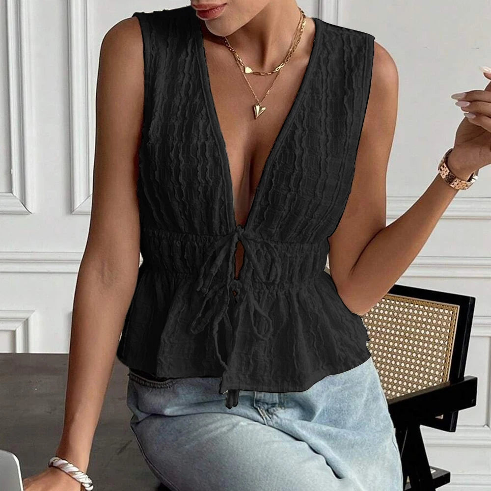 Top Feminino Deep V-Neck Tie – Summer Chic ☀️✨