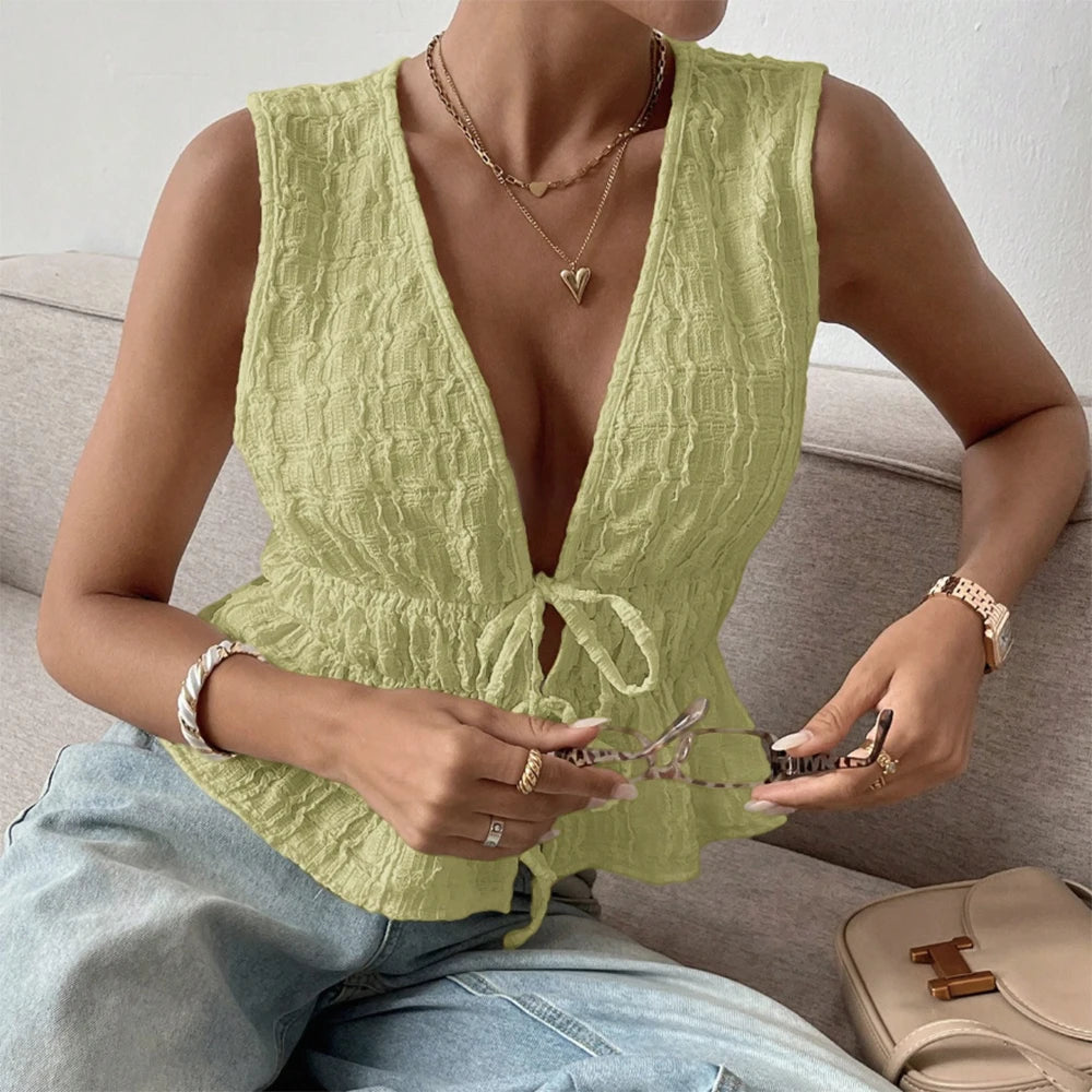 Top Feminino Deep V-Neck Tie – Summer Chic ☀️✨