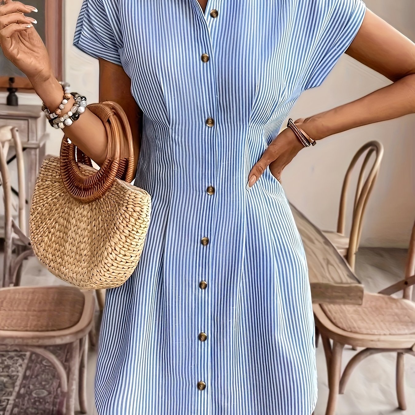 ✨ Elara Stripes – Vestido Camisa Elegante