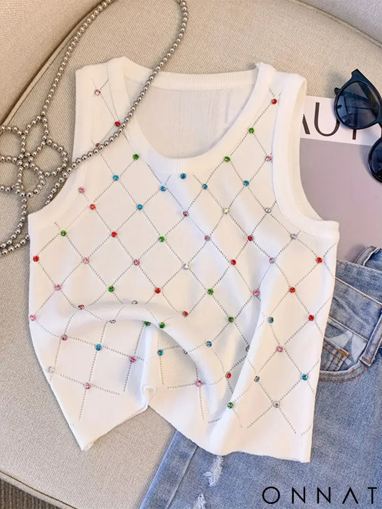 Colorful Rhinestone Knitted Tank Top Casual Crew Neck Sleeveless Tank Top For Summer Women’s Clothing Crop Top Camis