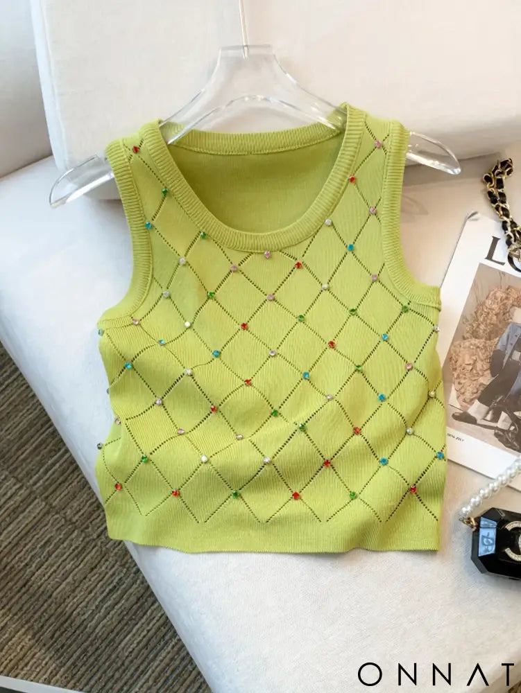 Colorful Rhinestone Knitted Tank Top Casual Crew Neck Sleeveless Tank Top For Summer Women’s Clothing Crop Top Camis