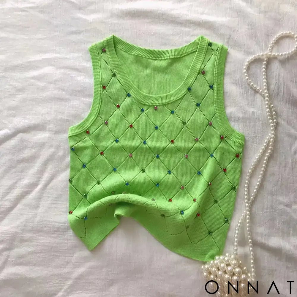 Colorful Rhinestone Knitted Tank Top Casual Crew Neck Sleeveless Tank Top For Summer Women’s Clothing Crop Top Camis
