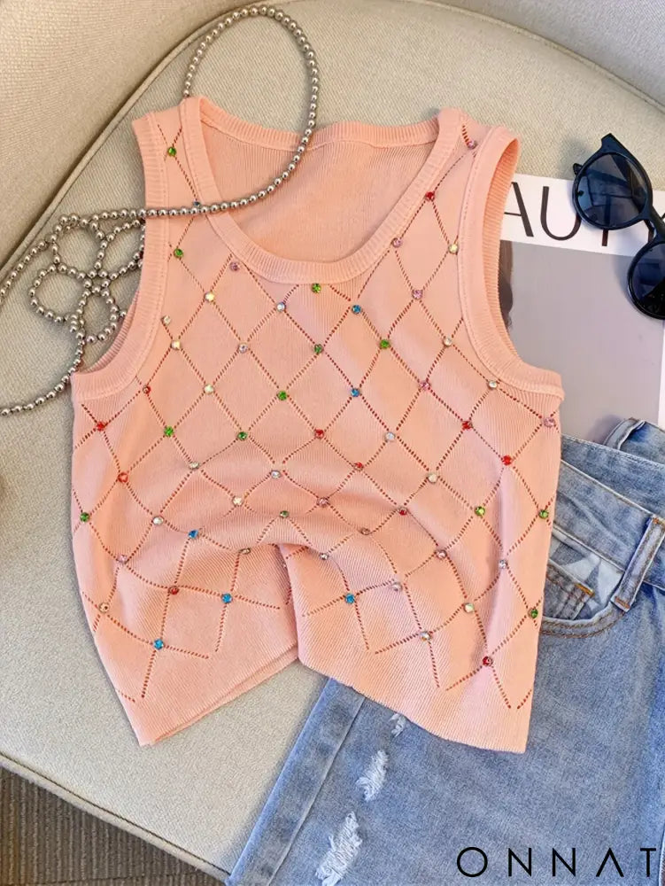 Colorful Rhinestone Knitted Tank Top Casual Crew Neck Sleeveless Tank Top For Summer Women’s Clothing Crop Top Camis