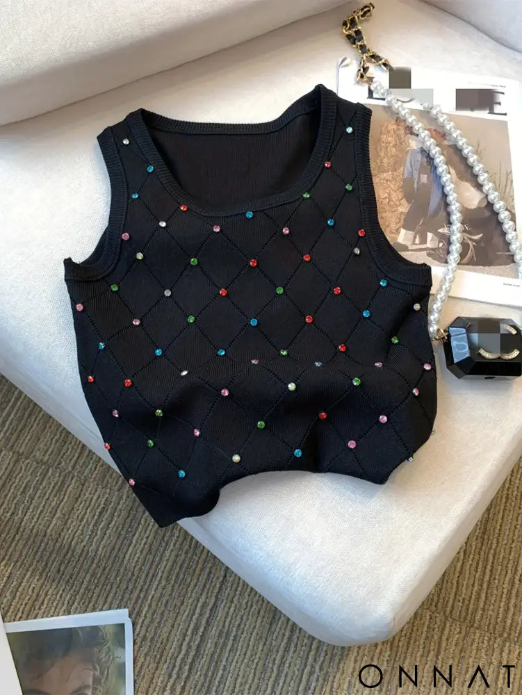Colorful Rhinestone Knitted Tank Top Casual Crew Neck Sleeveless Tank Top For Summer Women’s Clothing Crop Top Camis