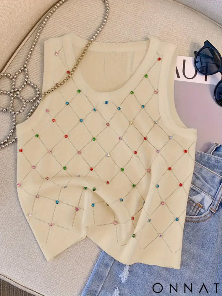 Colorful Rhinestone Knitted Tank Top Casual Crew Neck Sleeveless Tank Top For Summer Women’s Clothing Crop Top Camis