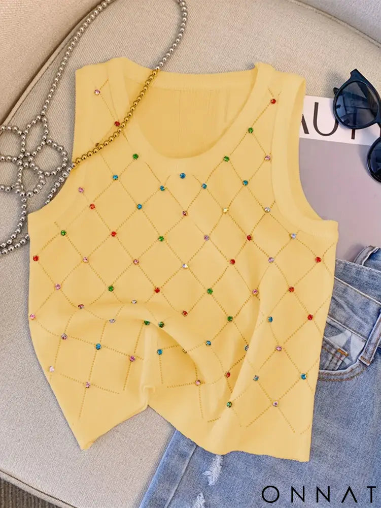 Colorful Rhinestone Knitted Tank Top Casual Crew Neck Sleeveless Tank Top For Summer Women’s Clothing Crop Top Camis