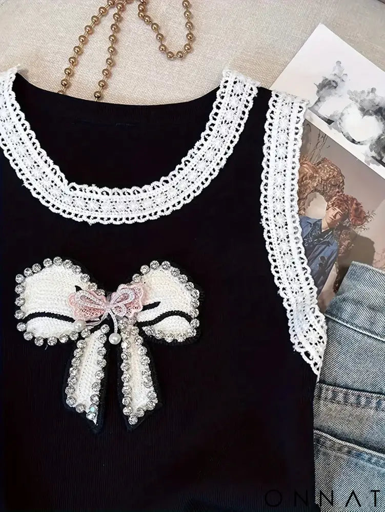 2024 New Beading Contrast Lace Rhinestone Bow Print Tank Top Elastic Casual Sleeveless Crew Neck Top Women’s Clothing