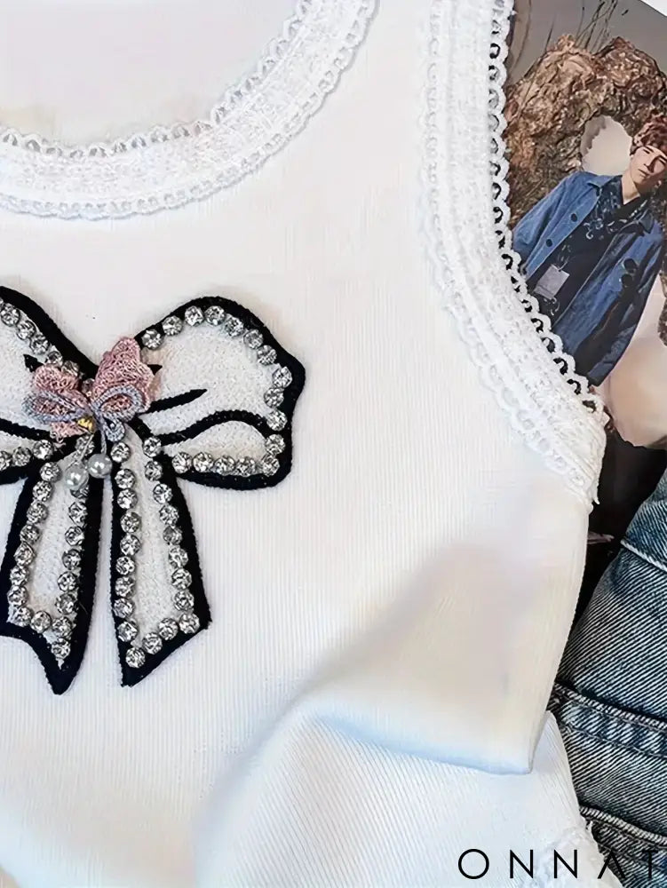 2024 New Beading Contrast Lace Rhinestone Bow Print Tank Top Elastic Casual Sleeveless Crew Neck Top Women’s Clothing