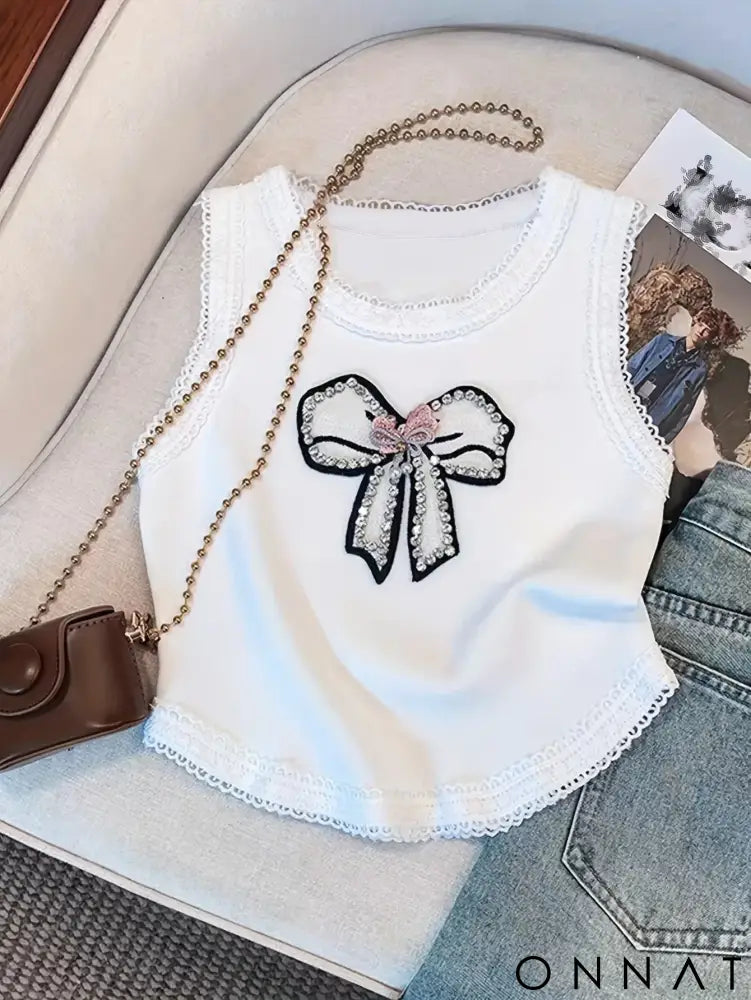 2024 New Beading Contrast Lace Rhinestone Bow Print Tank Top Elastic Casual Sleeveless Crew Neck Top Women’s Clothing