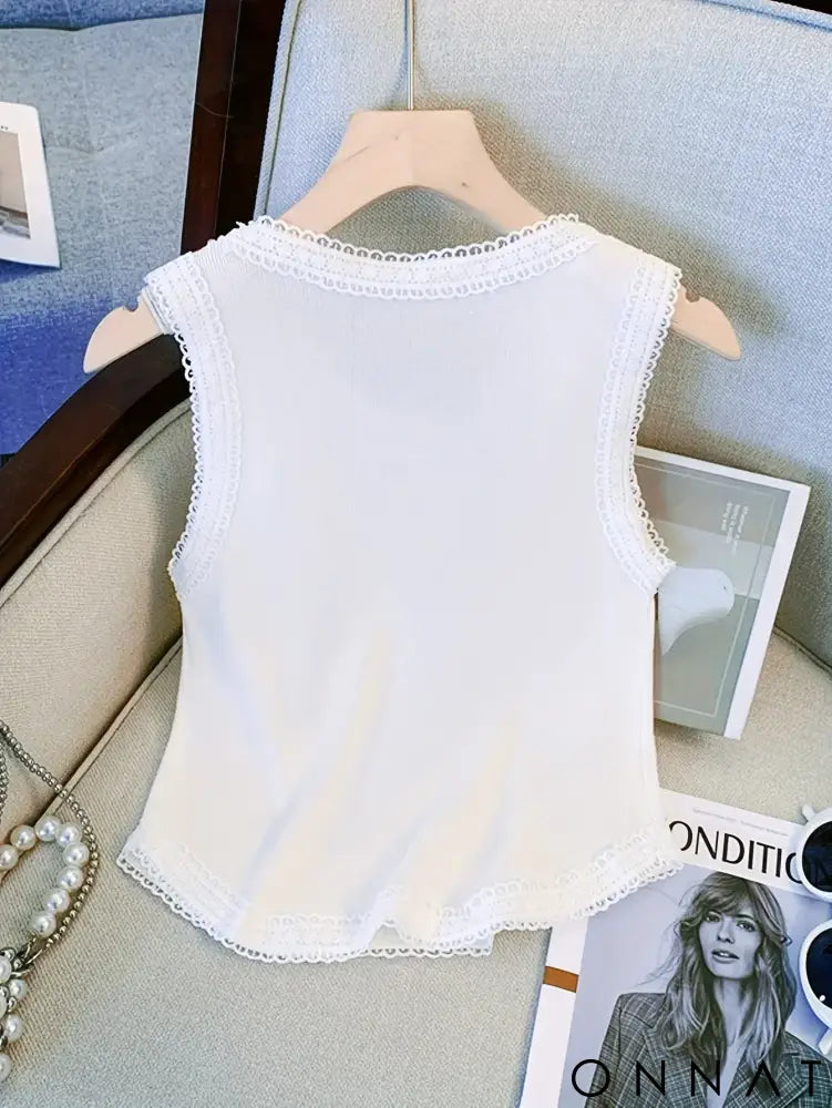 2024 New Beading Contrast Lace Rhinestone Bow Print Tank Top Elastic Casual Sleeveless Crew Neck Top Women’s Clothing