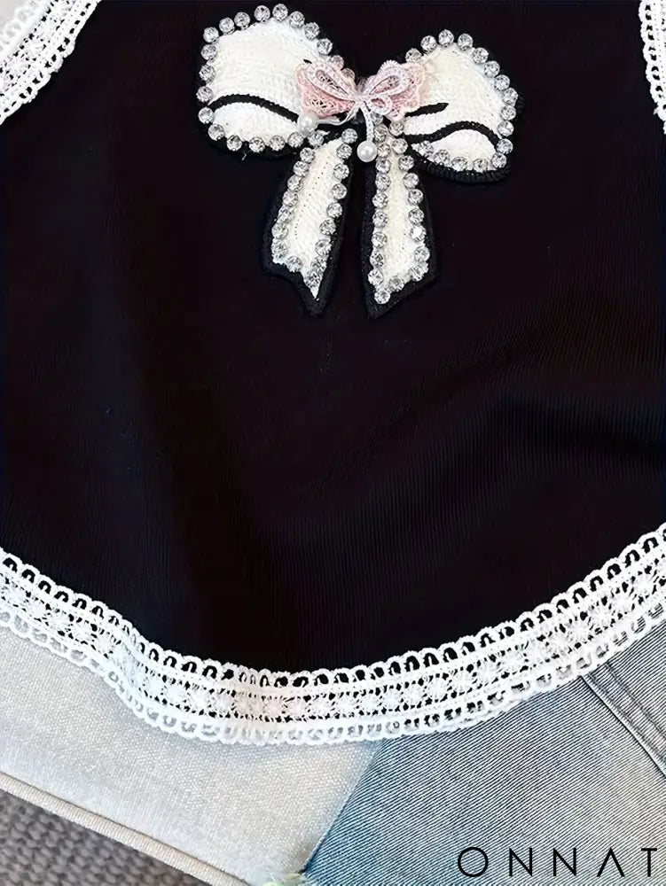 2024 New Beading Contrast Lace Rhinestone Bow Print Tank Top Elastic Casual Sleeveless Crew Neck Top Women’s Clothing