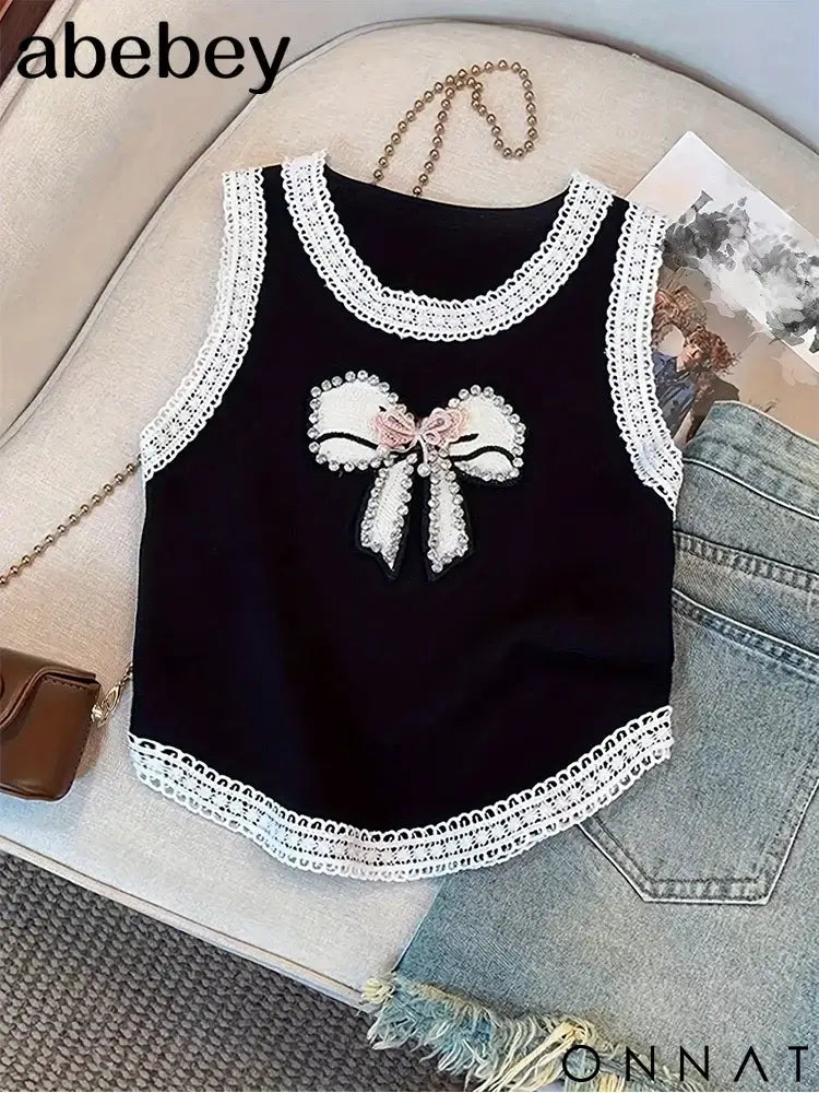 2024 New Beading Contrast Lace Rhinestone Bow Print Tank Top Elastic Casual Sleeveless Crew Neck Top Women’s Clothing