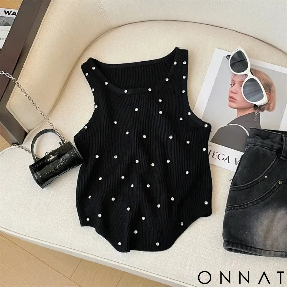 2024 New Rhinestone Knitted Tank Top White Crew Neck Sleeveless Tank Top For Summer Women’s Clothing Crop Top Camis