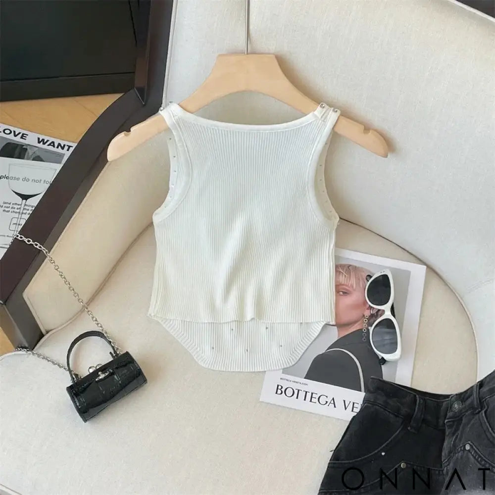 2024 New Rhinestone Knitted Tank Top White Crew Neck Sleeveless Tank Top For Summer Women’s Clothing Crop Top Camis