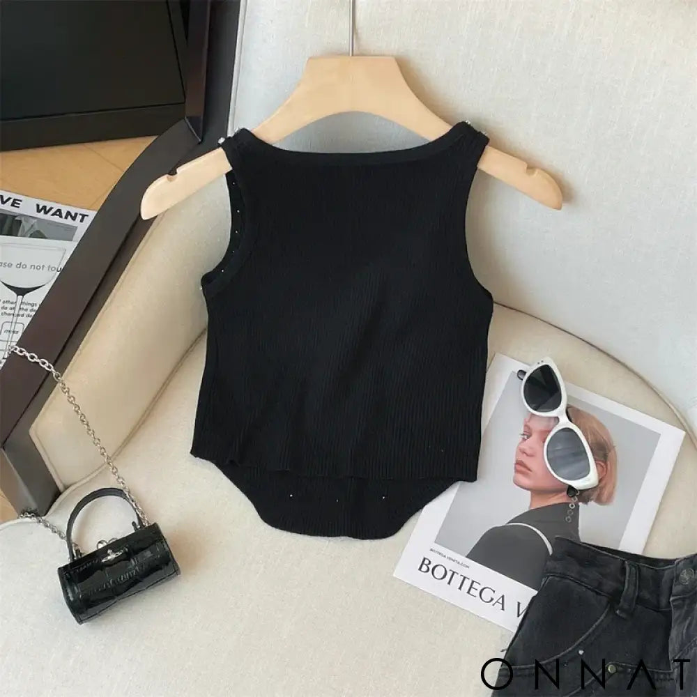 2024 New Rhinestone Knitted Tank Top White Crew Neck Sleeveless Tank Top For Summer Women’s Clothing Crop Top Camis