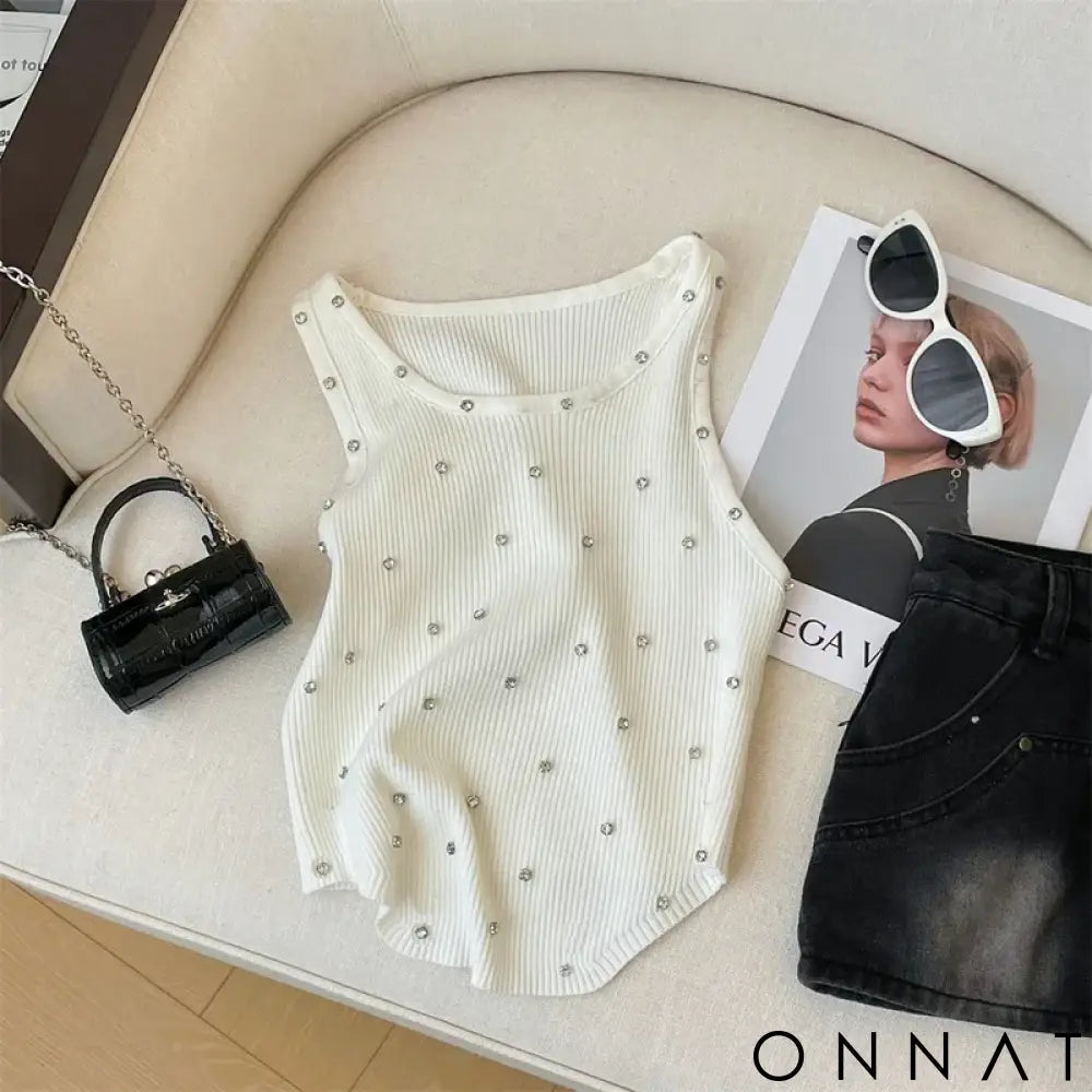 2024 New Rhinestone Knitted Tank Top White Crew Neck Sleeveless Tank Top For Summer Women’s Clothing Crop Top Camis