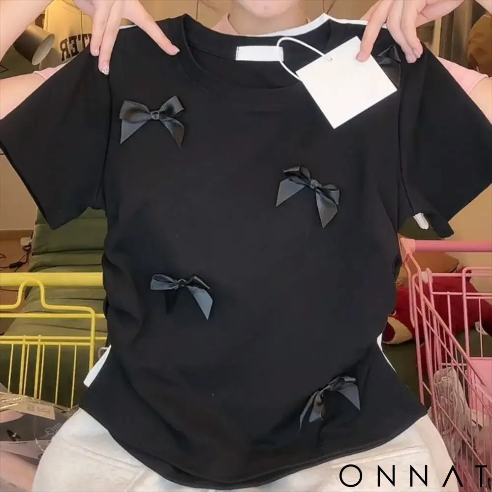 Elegant Ballet Bowknot T Shirts Round Collar Japanese Style Women Top Solid Color Short Sleeve Ribbon Crop Tank Top
