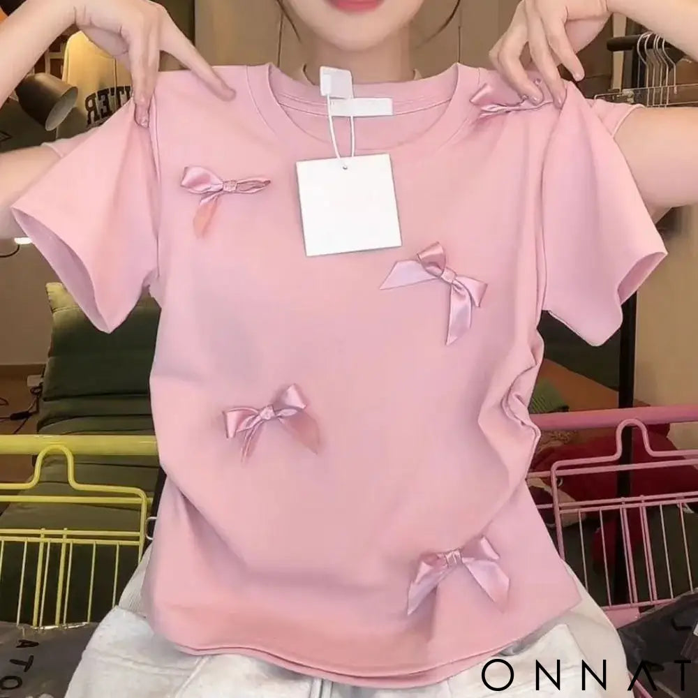 Elegant Ballet Bowknot T Shirts Round Collar Japanese Style Women Top Solid Color Short Sleeve Ribbon Crop Tank Top