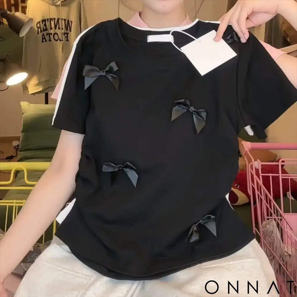 Elegant Ballet Bowknot T Shirts Round Collar Japanese Style Women Top Solid Color Short Sleeve Ribbon Crop Tank Top