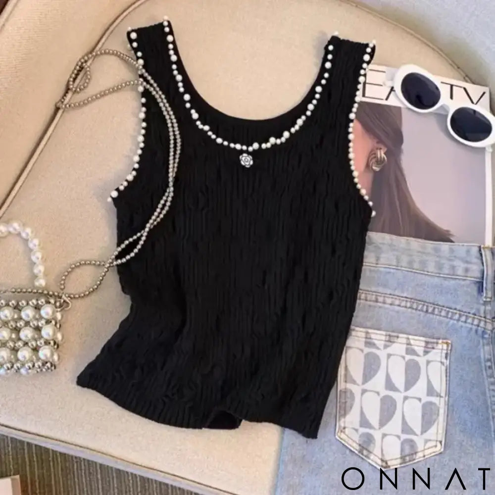 Female 2024 New Beading Lingge Small Fragrant Knitted Tank Top Outwear Strap Camisole Instagram Fashion Top Black / S