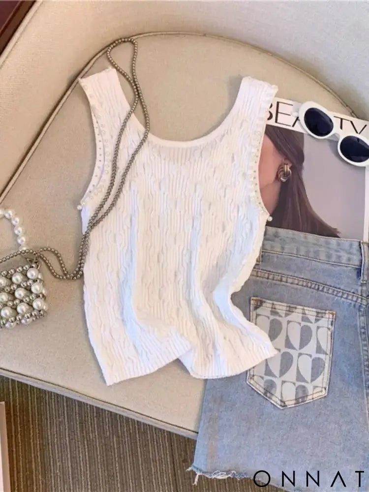 Female 2024 New Beading Lingge Small Fragrant Knitted Tank Top Outwear Strap Camisole Instagram Fashion Top