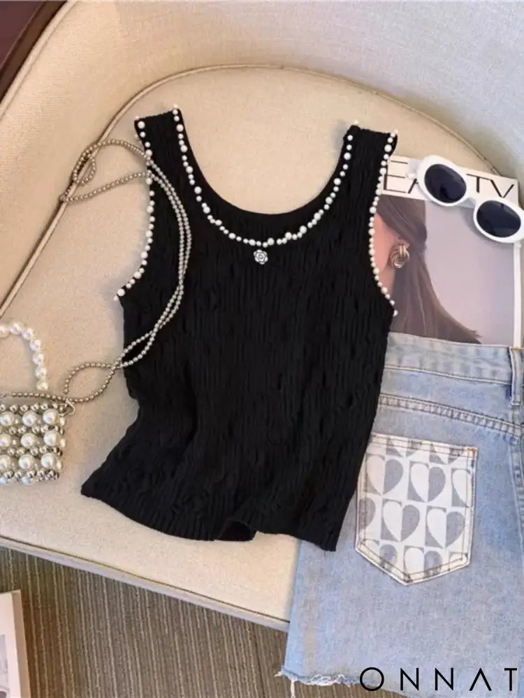 Female 2024 New Beading Lingge Small Fragrant Knitted Tank Top Outwear Strap Camisole Instagram Fashion Top