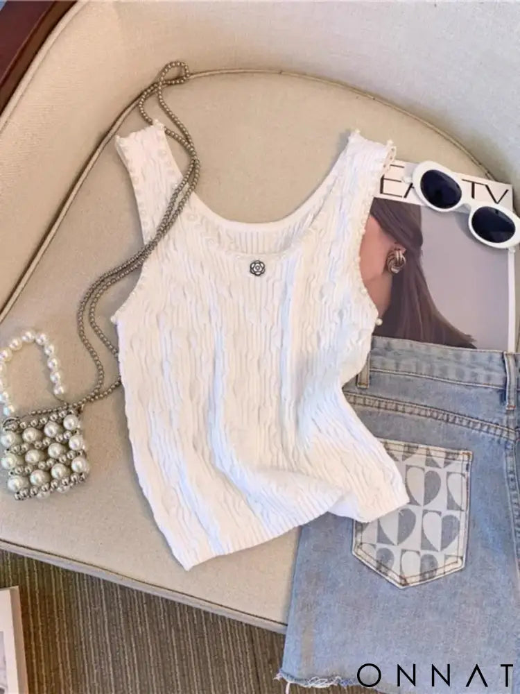 Female 2024 New Beading Lingge Small Fragrant Knitted Tank Top Outwear Strap Camisole Instagram Fashion Top