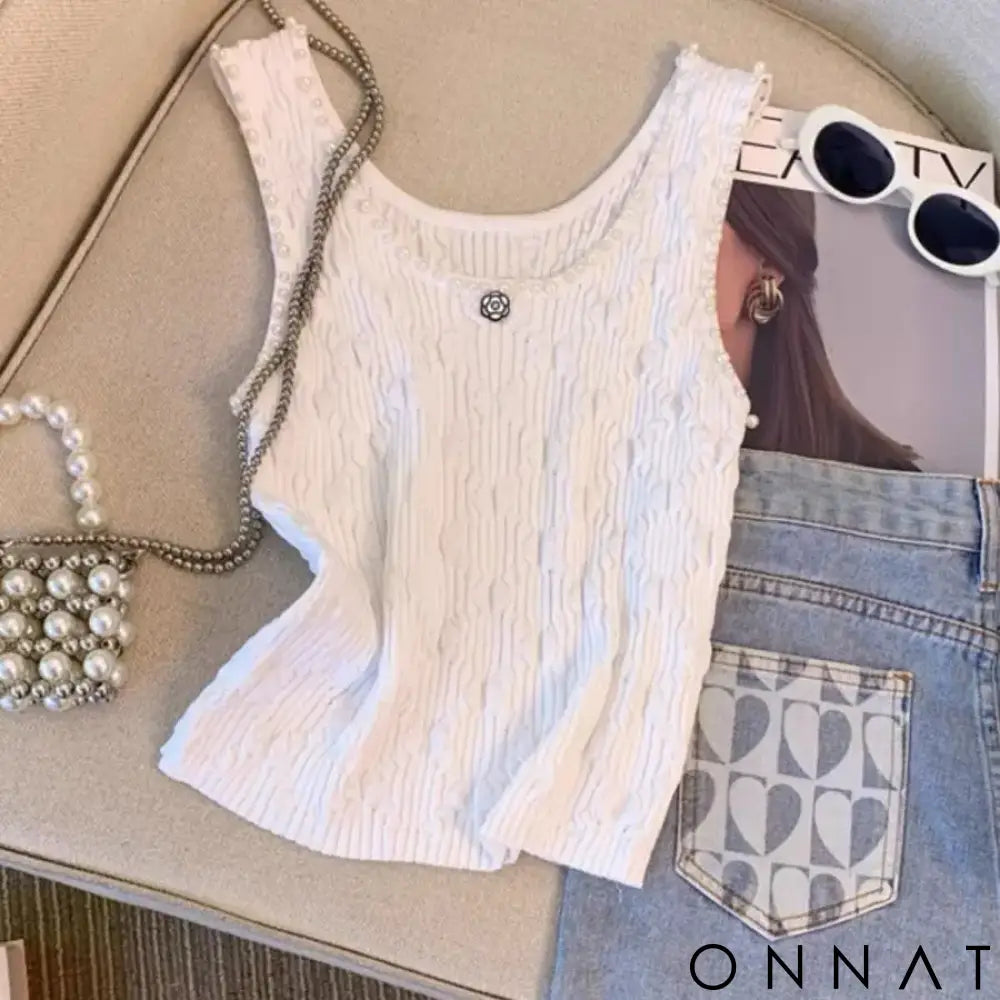 Female 2024 New Beading Lingge Small Fragrant Knitted Tank Top Outwear Strap Camisole Instagram Fashion Top White / S