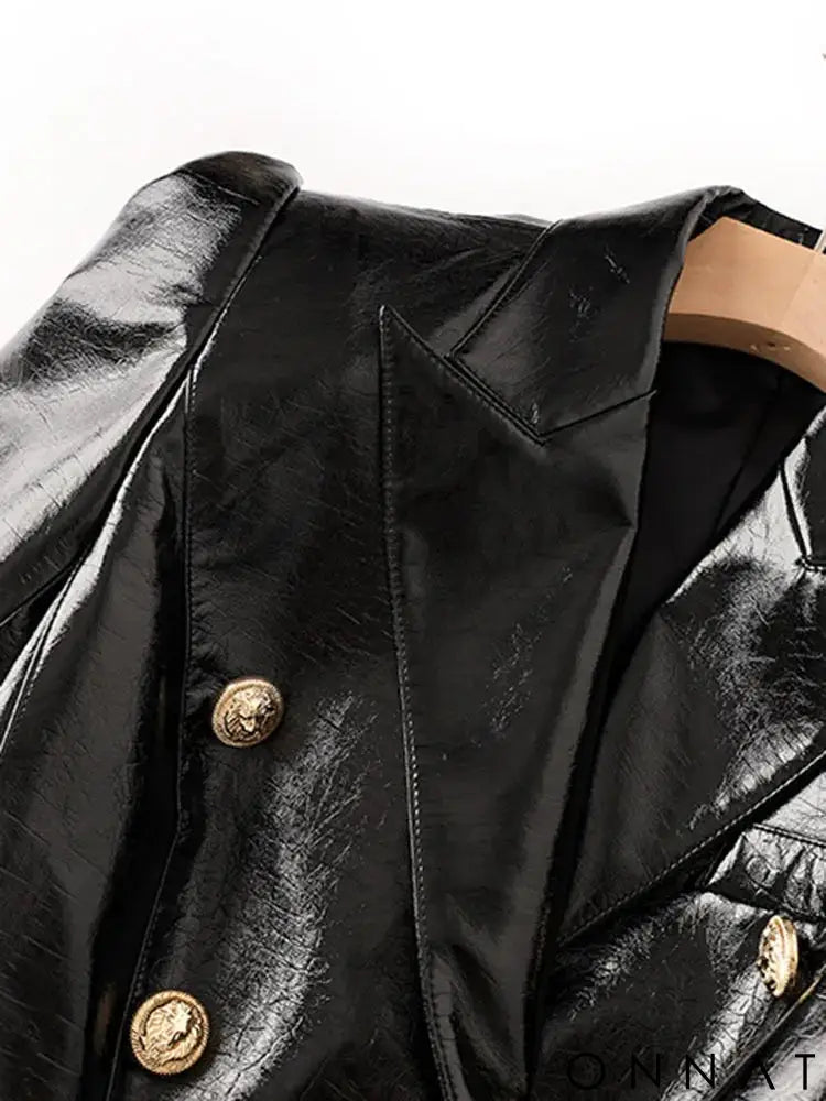Black Embossed Croc Leather Gold Button Blazer