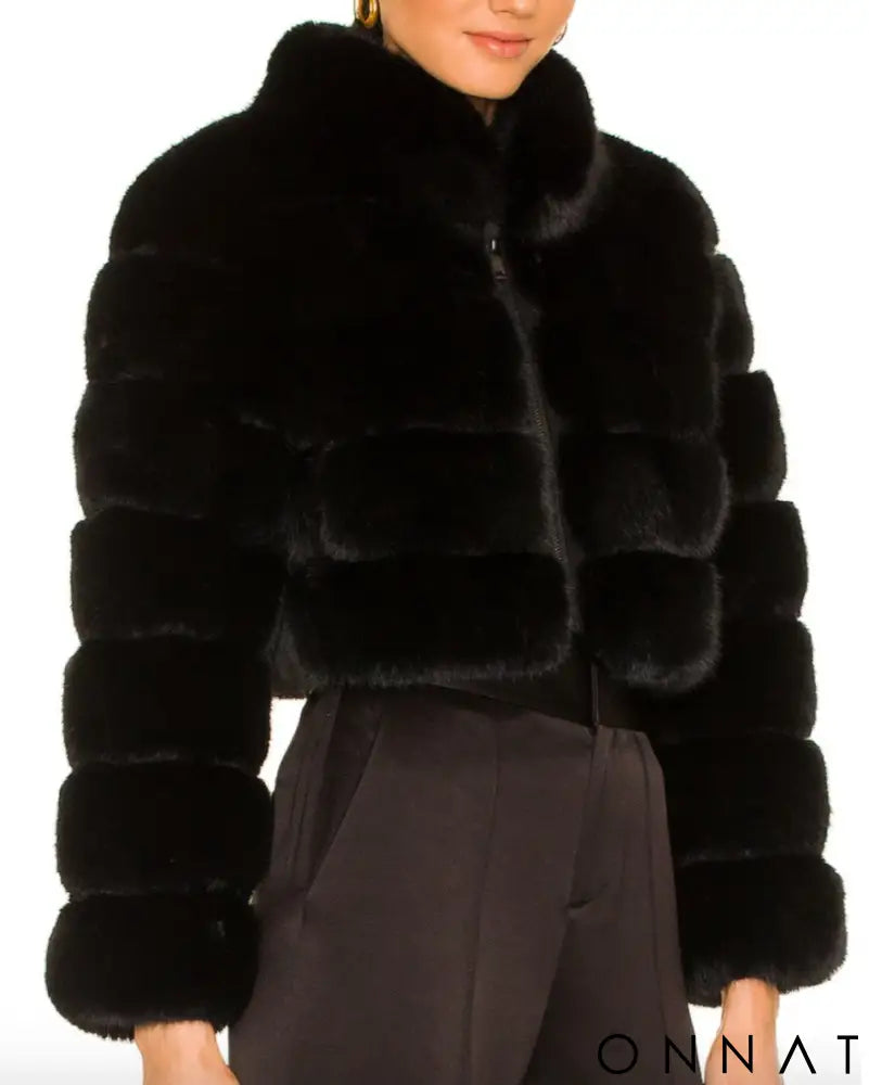 Black Faux Fox Fur Bomber Jacket