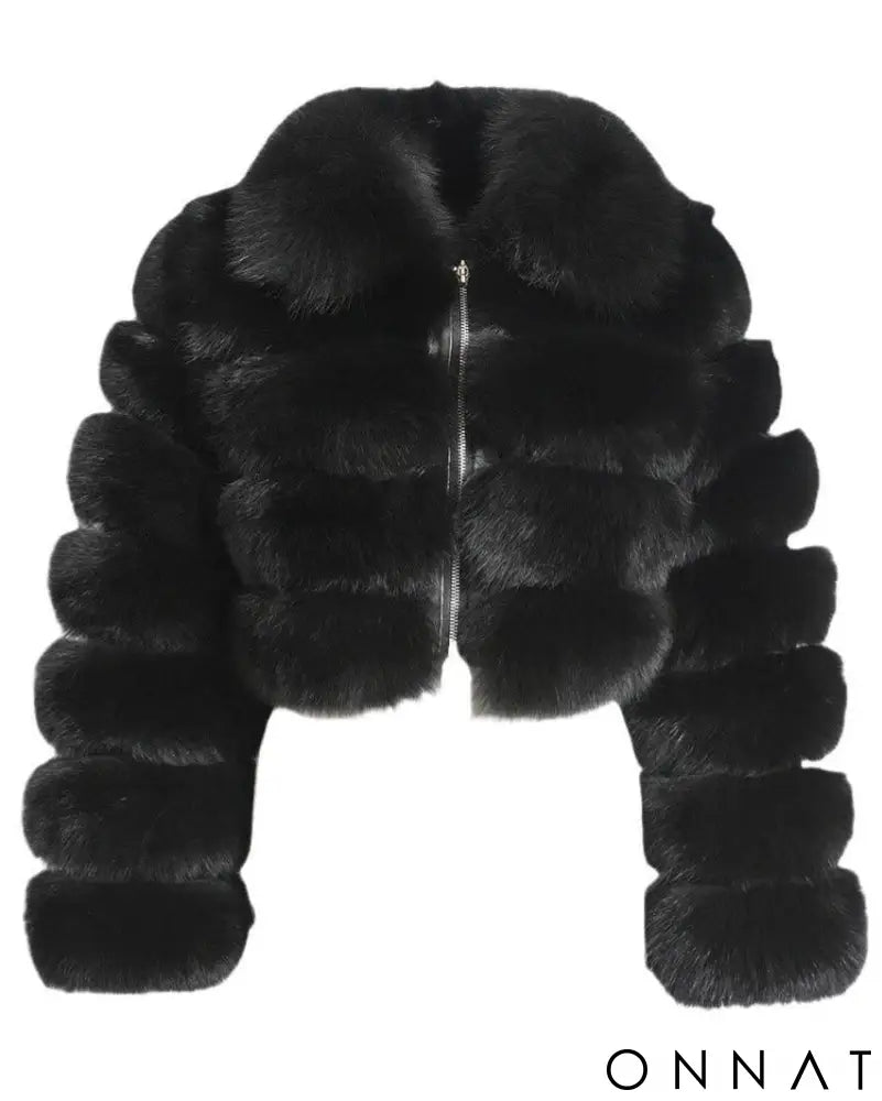 Black Faux Fox Fur Bomber Jacket Black / S