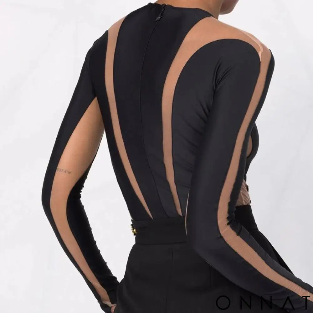 Black Illusion Shaping Paneled Bodysuit Tops