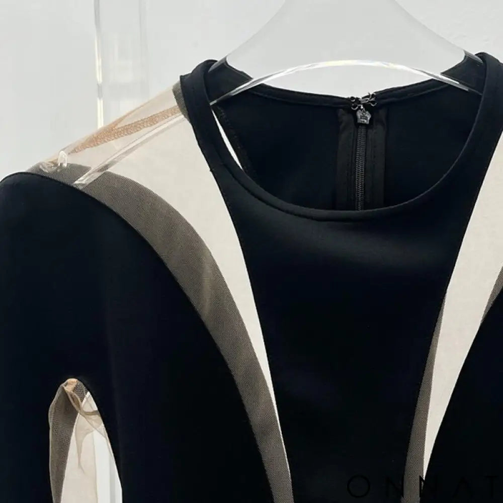 Black Illusion Shaping Paneled Bodysuit Tops