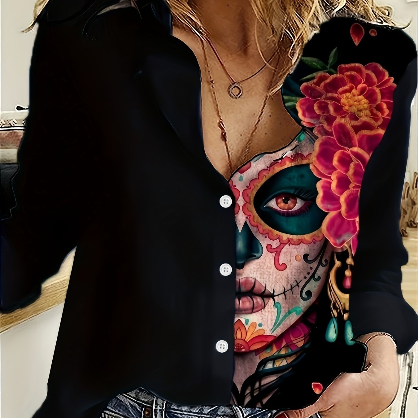 Camisa LunaBloom Casual com Estampa Retrato