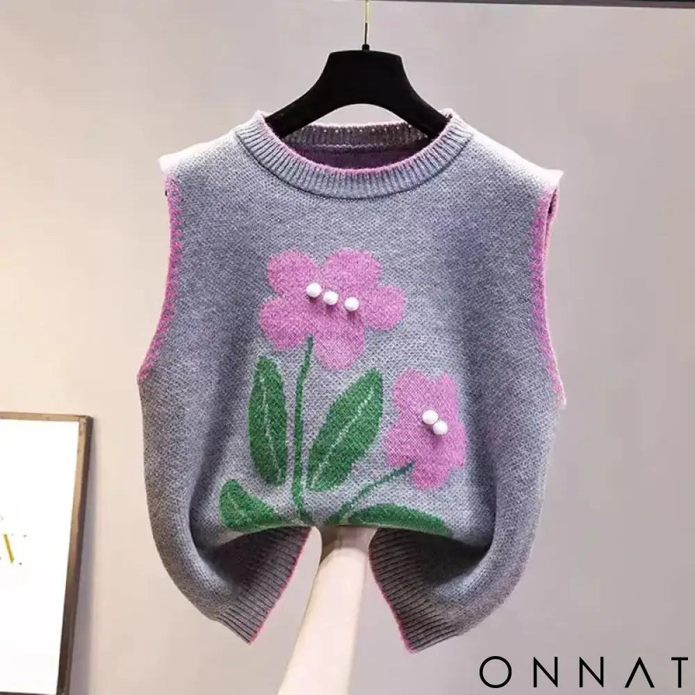Black Floral Acrylic Knit O-Neck Sleeveless Pullover Women’s Vest Sweater Female Sweaters Tops Woman Clothing Fashion