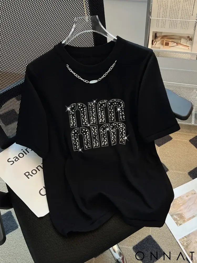 2024 Plus Size Hot Drilling Chain Loose T-shirt Women Summer New Korean Style Elegant Casual Trendy Short Sleeve Top