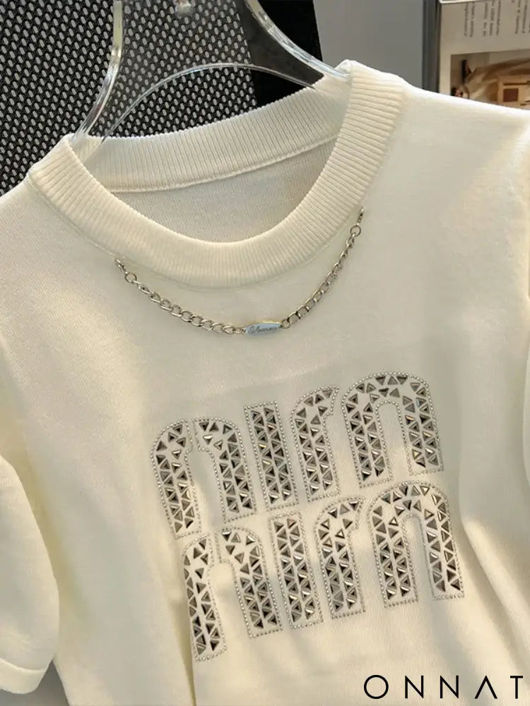 2024 Plus Size Hot Drilling Chain Loose T-shirt Women Summer New Korean Style Elegant Casual Trendy Short Sleeve Top