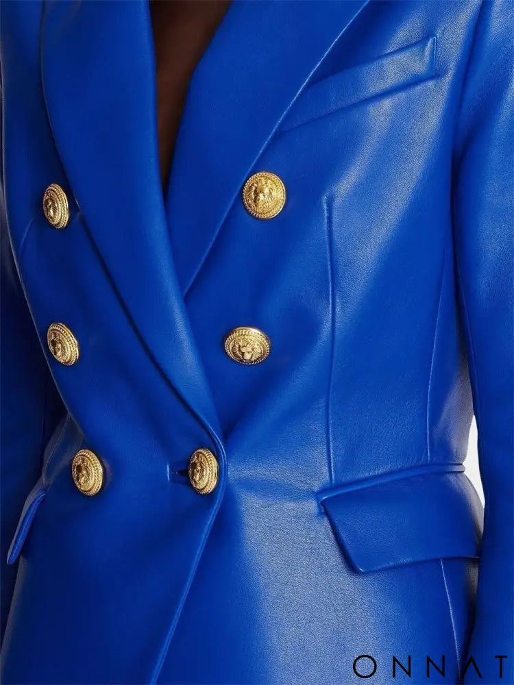 Cobalt Blue Leather Gold Button Blazer