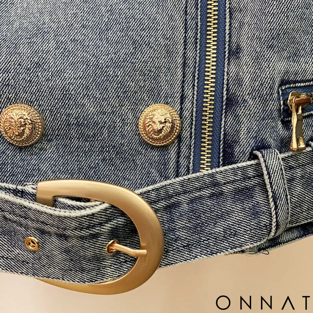 Denim Gold Button Biker Jacket