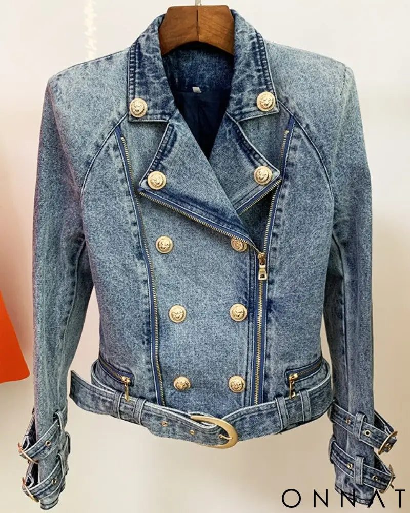 Denim Gold Button Biker Jacket