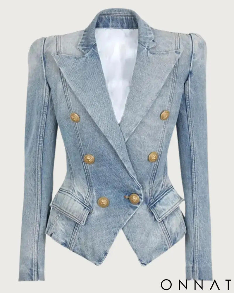 Denim Peak Lapel Double Breasted Gold Button Blazer