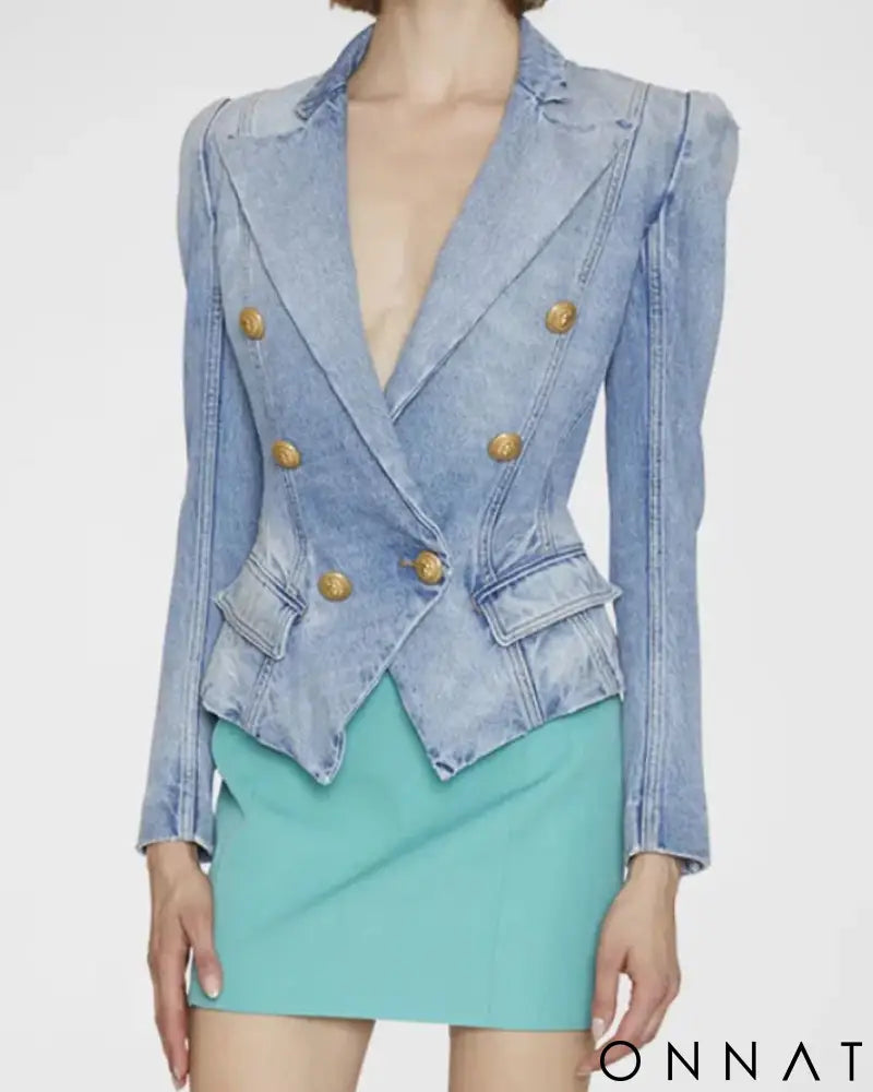 Denim Peak Lapel Double Breasted Gold Button Blazer Denim / S