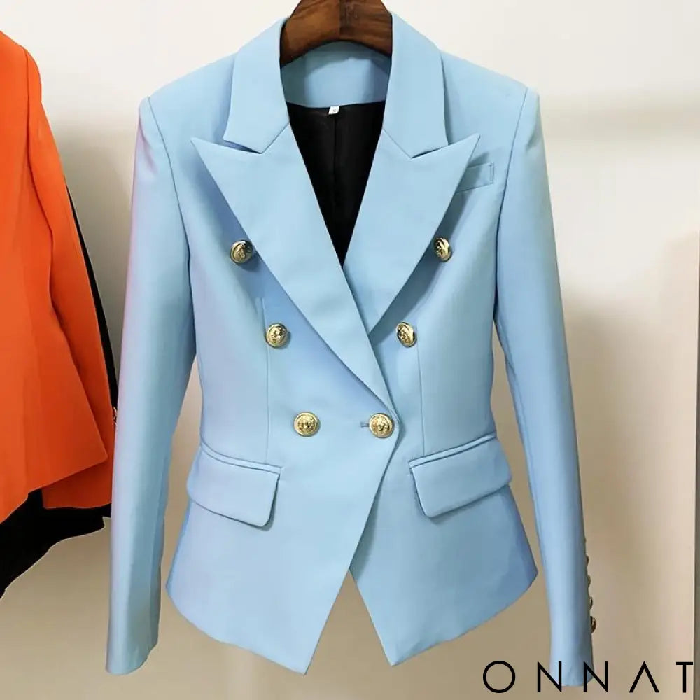 Double Breasted Gold Button Blazer Baby Blue / S