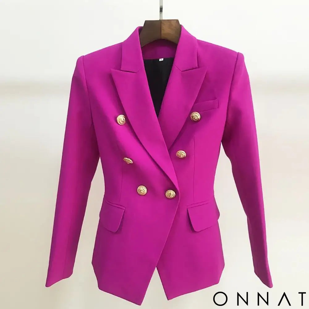 Double Breasted Gold Button Blazer Fuschia / S