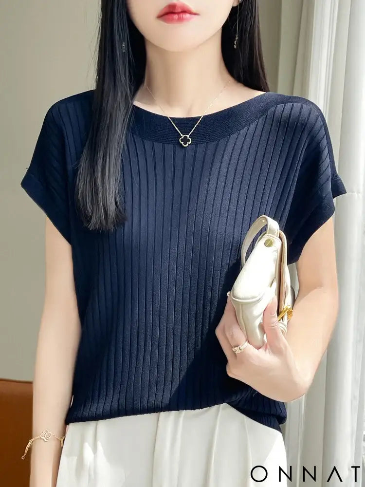 2025 Fashion Slash Neck Women Sweater Ice Silk Spring Summer Knitted Sweater Loose Casual Korean Shirts Short Sleeve