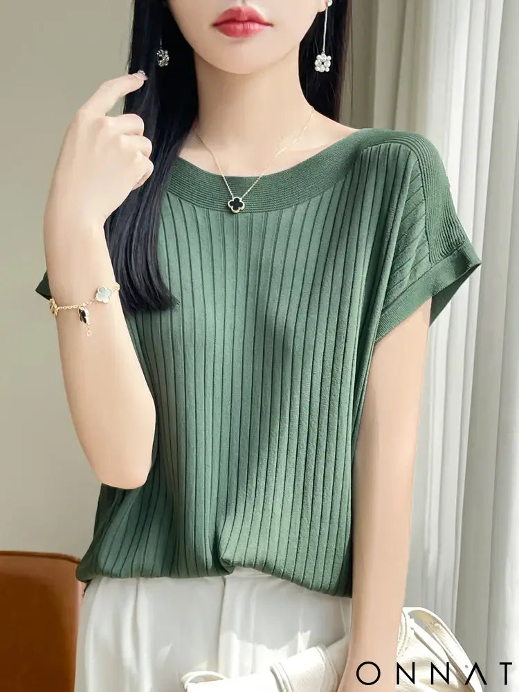 2025 Fashion Slash Neck Women Sweater Ice Silk Spring Summer Knitted Sweater Loose Casual Korean Shirts Short Sleeve
